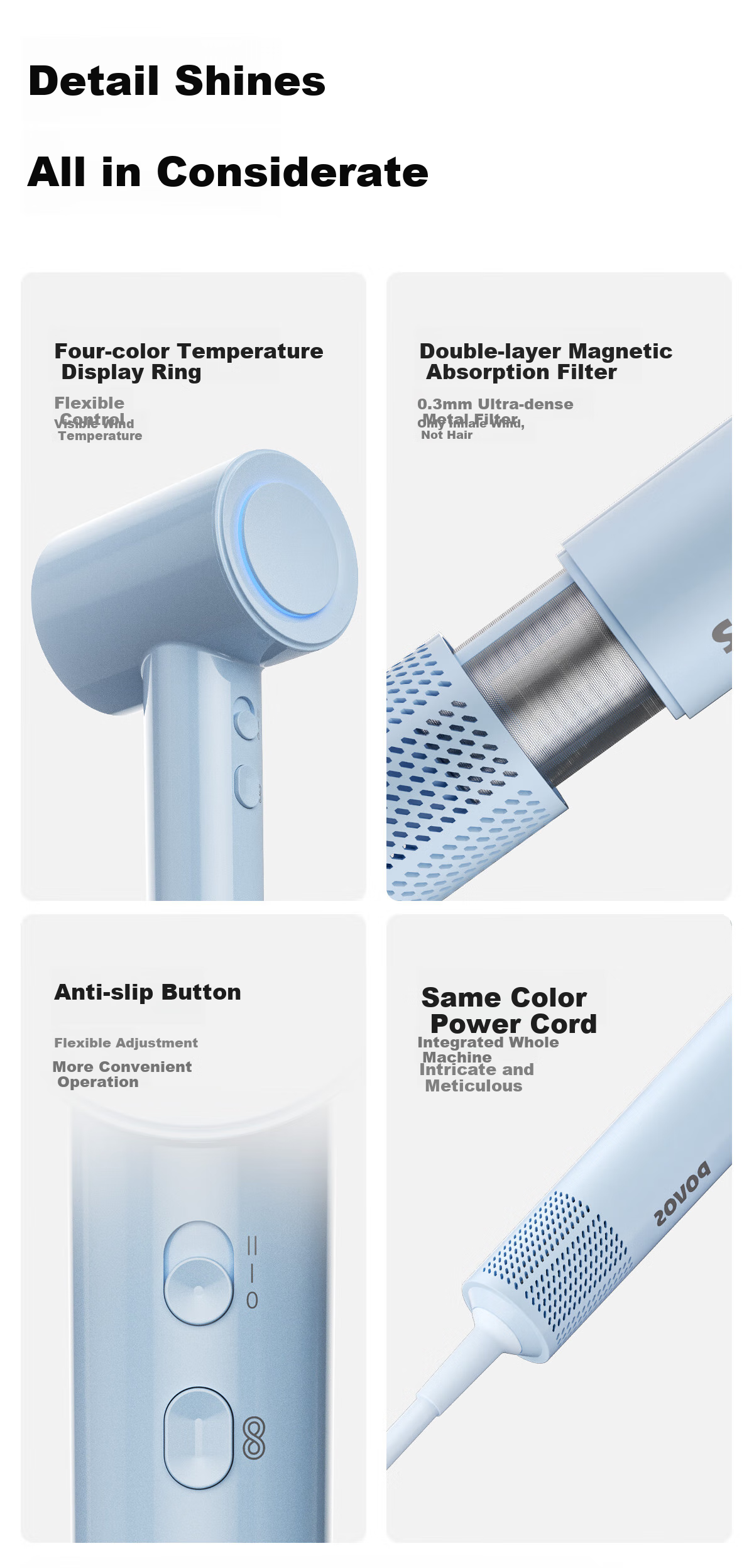 POVOS [Mid-Autumn Festival Gift] P7 High-Speed Hair Dryer for Home And Student Dormitory, Negative Ion, High Power, Quick-Drying, Low Noise PH7001 Sea Salt Blue, Gift for Girlfriend Or Wife 12