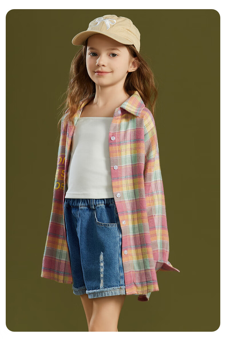 Fulomi Girls' Plaid Long Sleeve Shirt Spring Autumn Korean Style Pink Checkered Jacket Top 110 3