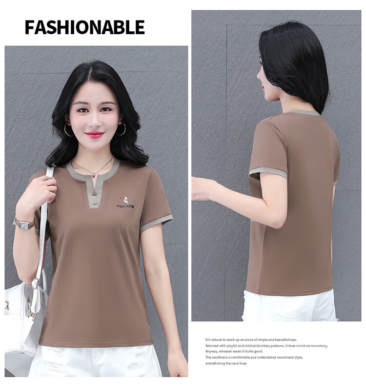 Woodpecker Pure Cotton Crew Neck Shoulder-Fit Short Sleeve T-Shirt for Women Summer New Slim Fit Black M 19