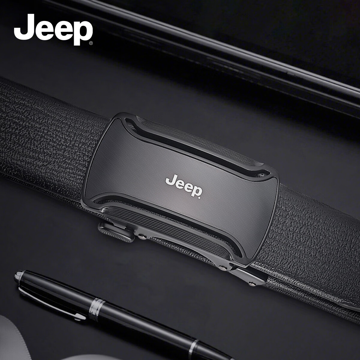 JEEP Men's Automatic Buckle Belt, Top-Grain Leather, Business Trouser Belt with Gift Box, Birthday Present