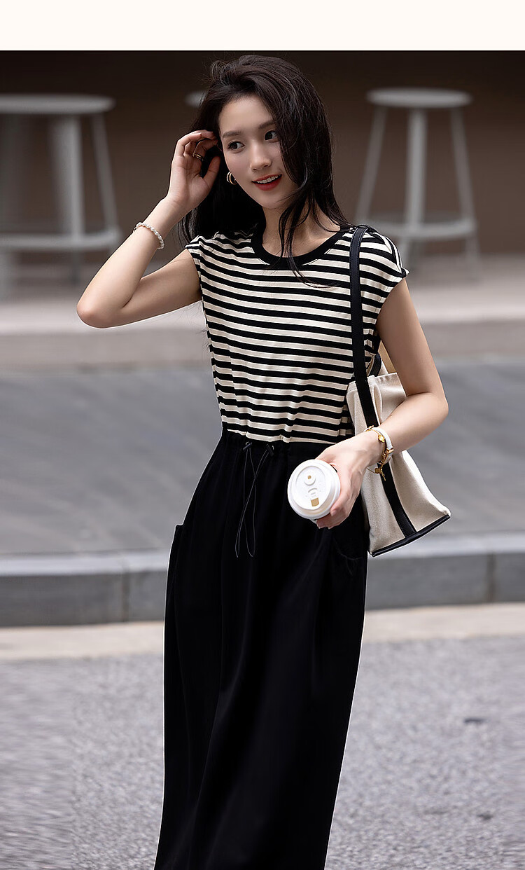 Dme [Striped Variations] Summer Design-Inspired Patchwork Waist-Adjustable Comfortable Slimming Midi Dress for Wome 10
