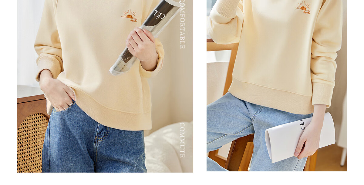 PinCai Relaxed Fit Sweatshirt for Women, Solid Color Round Neck Simple Loose Sweatshirt, Fashionable Casual Versatile Top P143W1031 20