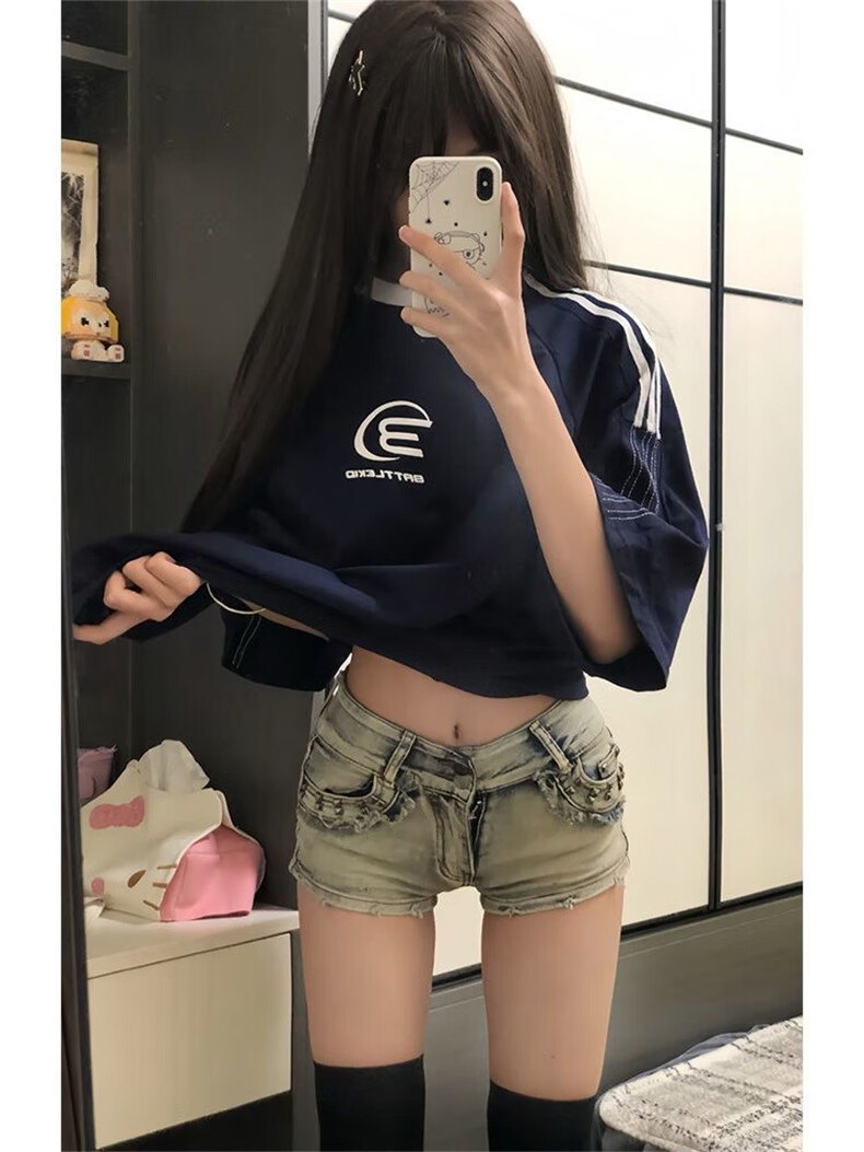 LangSha Low-Rise Denim Ultra-Short Pants for Women, 2025 Summer New Style, Hot Girl Willow Slim-Fit Bodycon Wide-Leg Hot Pants 7