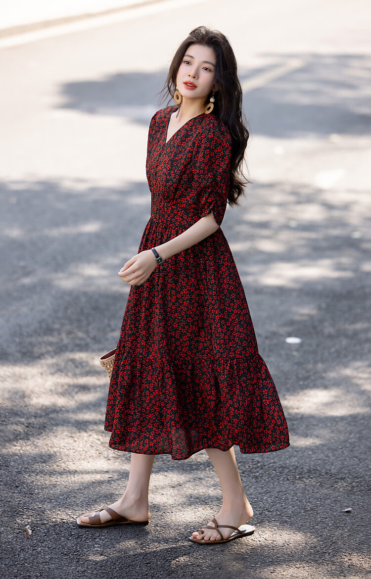 Demana [Passionate French Style] Summer Lightweight Chiffon Printed V-Neck Short Sleeve Waist-Cinched Ruffle Hem Elegant Women's Dress 14