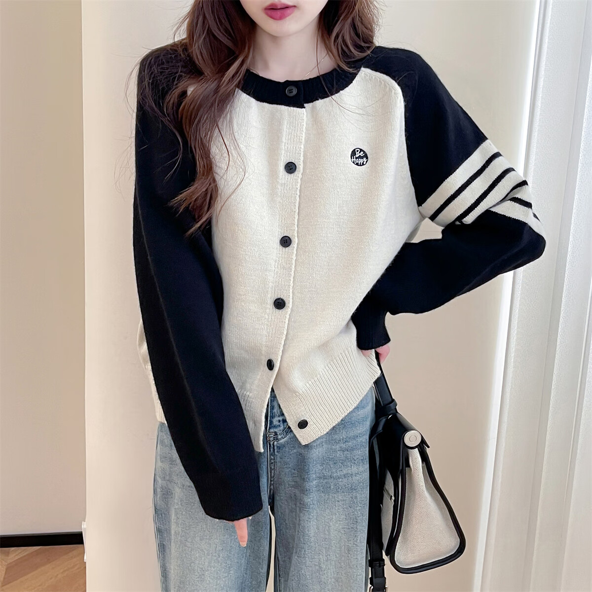 TonLion 2025 Autumn Winter Colorblock Raglan Sleeve Embroidered Women's Cardigan