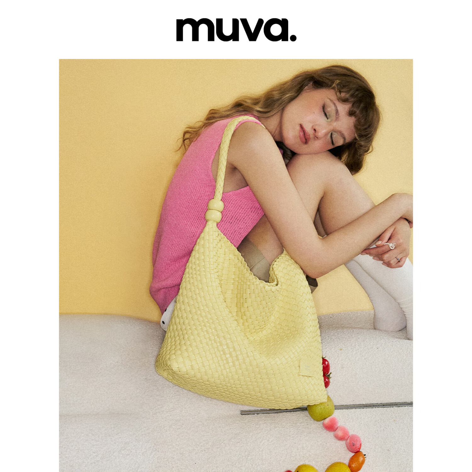 MUVA Pearl Knit Bag, Large Capacity Tote Bag for Commuting And Beach Vacation, Shoulder Bag, New Style Birthday Gift, Cream Yellow