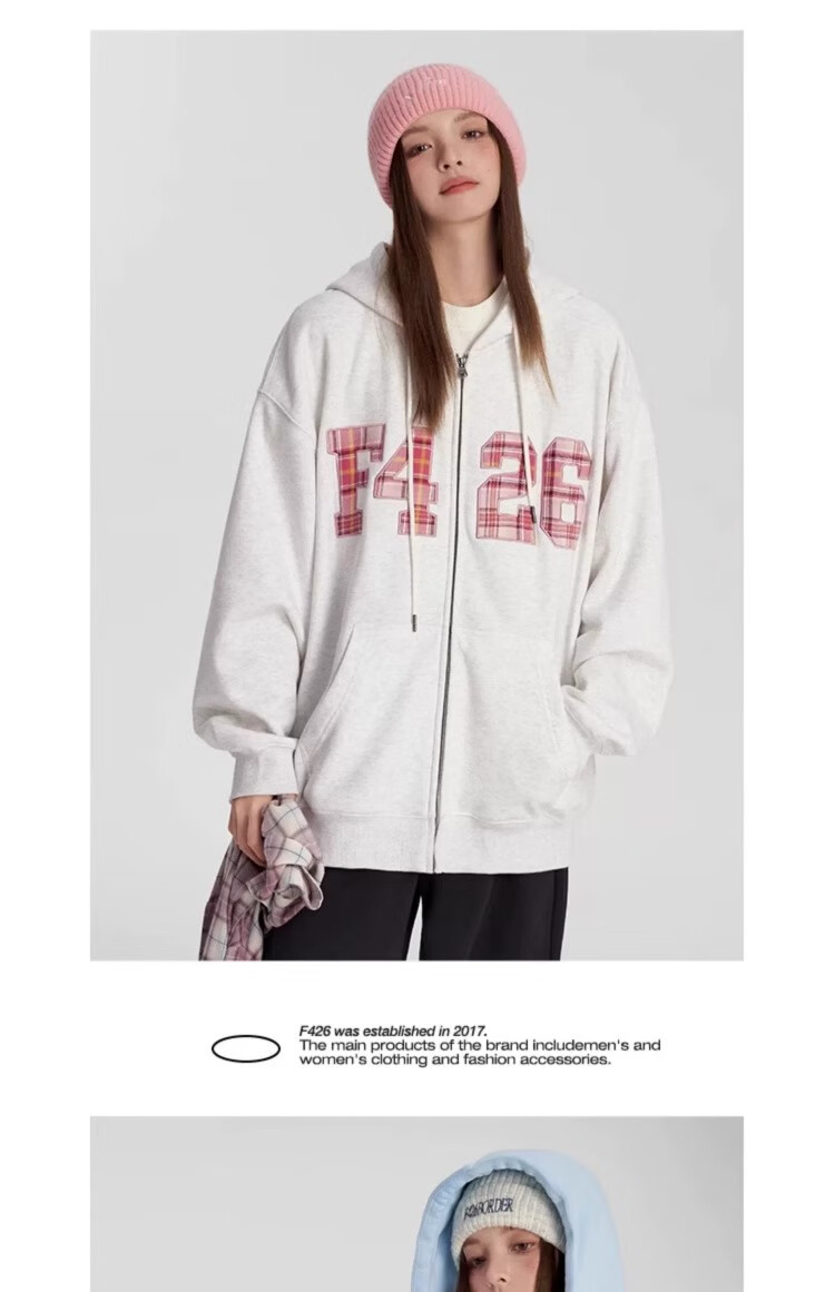 F426 [Zhao Lusi's Style] National Trend Brand Loose Fit Large Logo Plaid Patchwork Embroidered Sweatshirt Jacket, Floral Gray, L 12
