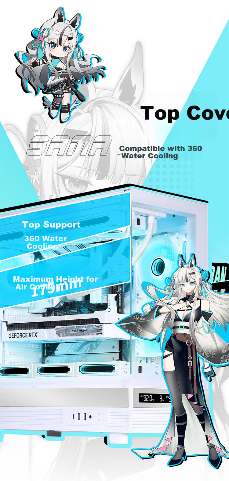 SAMA Jinghong Screen Version, White ATX Seaside View Gaming Computer Case, Hardware Status Display, 270° Panoramic View, Supports 360 Water Cooling, 9 Fan Positions, Type-C 7