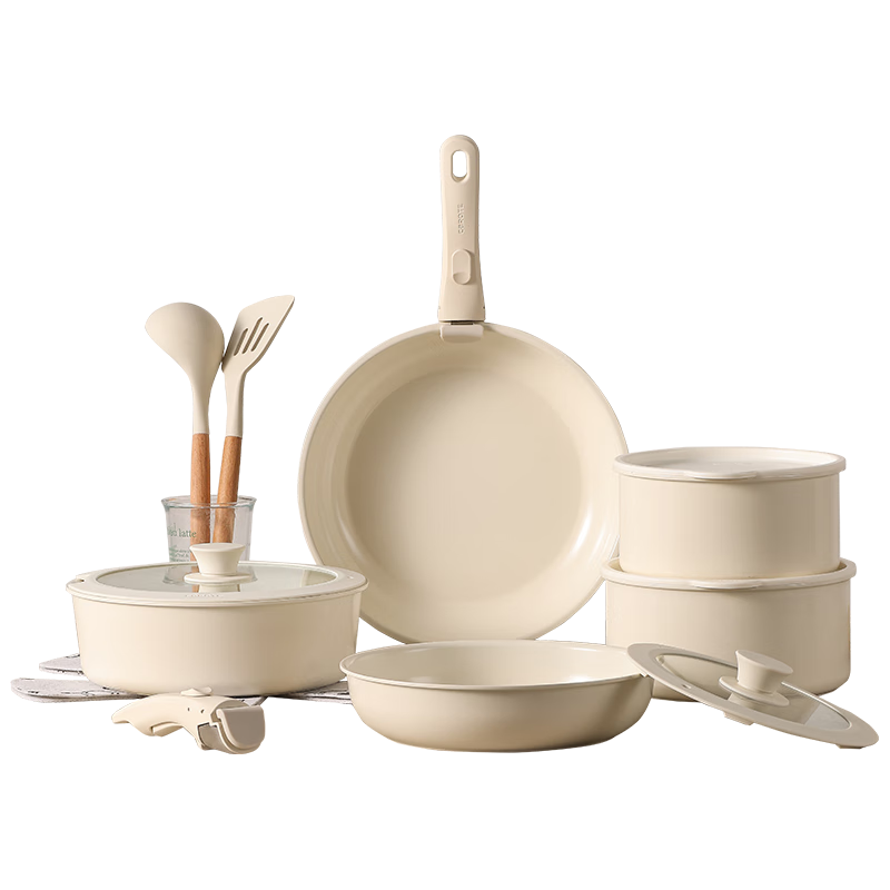 CaROTE Ceramic Detachable Handle Non-Stick Pan Set, Three Pieces for Frying, Stir-Frying, Soup Making, Milk Cooking, Detachable Handle, Compatible with Induction Cooker