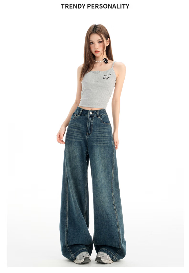 Jeanswest Women's Summer Wide-Leg High-Waist Loose Draped Slimming Floor-Length Straight-Leg Vintage Blue Jeans L 9