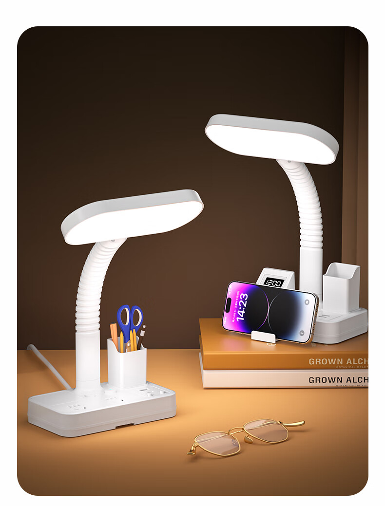 Sushiermo Pen Holder 3-in-1 LED Desk Lamp + Power Outlet + Digital Clock Student Desk Lamp 3-Socket 1.8m Cord Suitable for Dormitory Study Room Bedroom 25