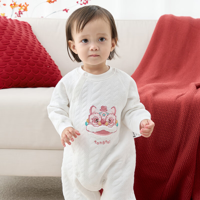 TONGTAI Baby Romper, Autumn And Winter Pure Cotton Warm Onesie, Festive New Year Outfit, White, 73cm