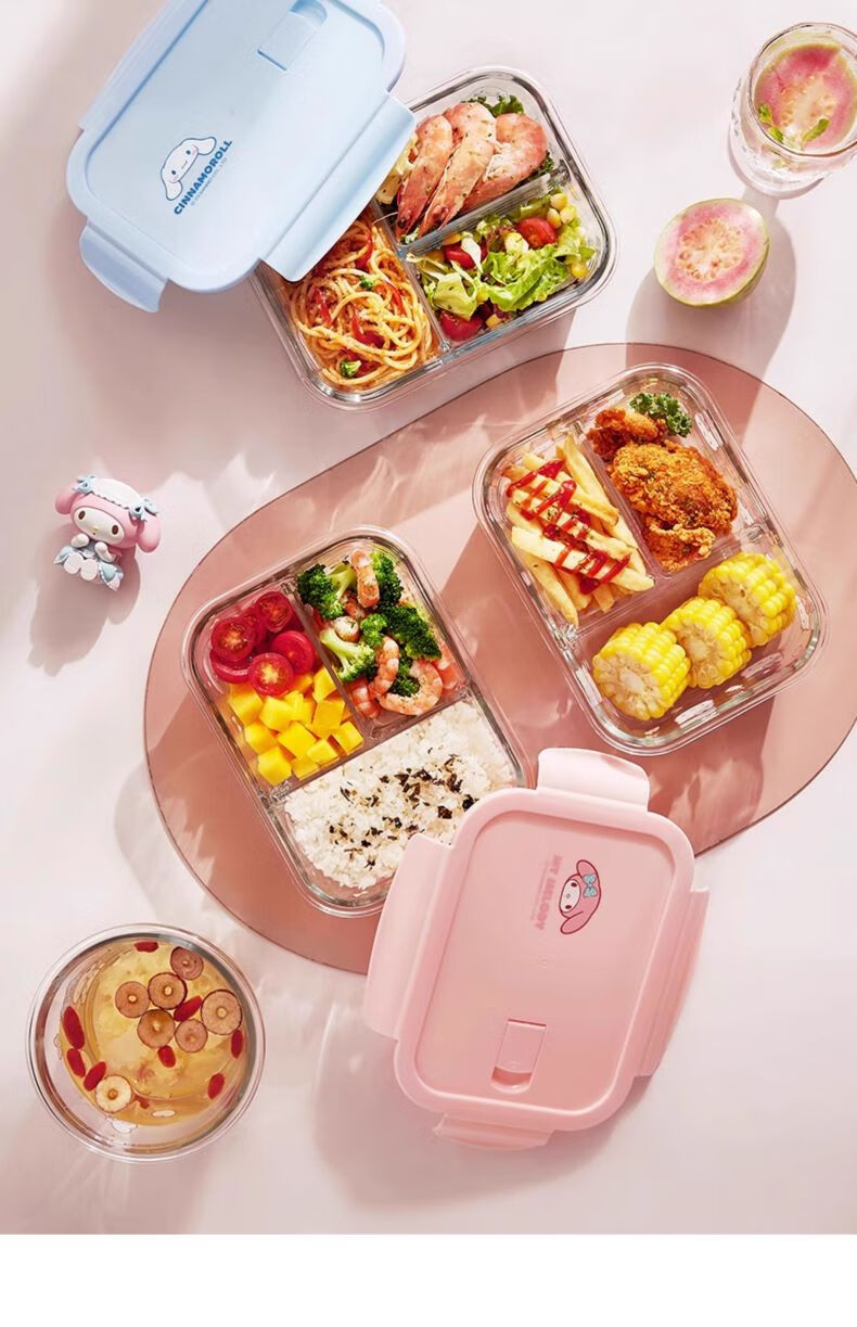 MANCHAOJIA Sanrio Glass Lunch Box Microwave Heating Fresh-Keeping Bowl Office Bento Soup Bowl Hello Kitty 700ML 12