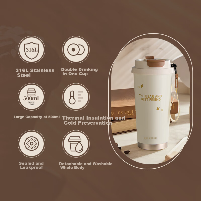 Bear Insulated Mug Coffee Cup, 316L Stainless Steel, Car And Office Use, for Men And Women, Portable Water Bottle, 500ml Capacity, Gift-Giving