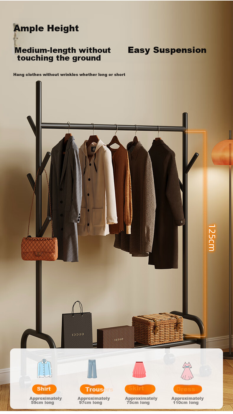 Shanshanmuyi Floor-Standing Coat Rack, Bedroom Clothes Hanger, Movable Drying Rack, Balcony Clothes Drying Rack, Storage Shelf 5