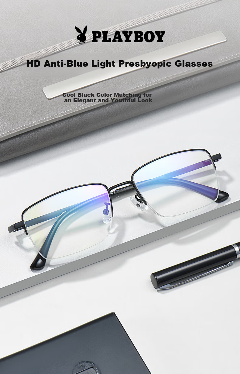 PLAYBOY PLAYBOY 2025 High-Definition Anti-Blue Light Reading Glasses for Men, Ultra-Light 18011 Gun Color, 150 Degrees, Qixi Festival 1
