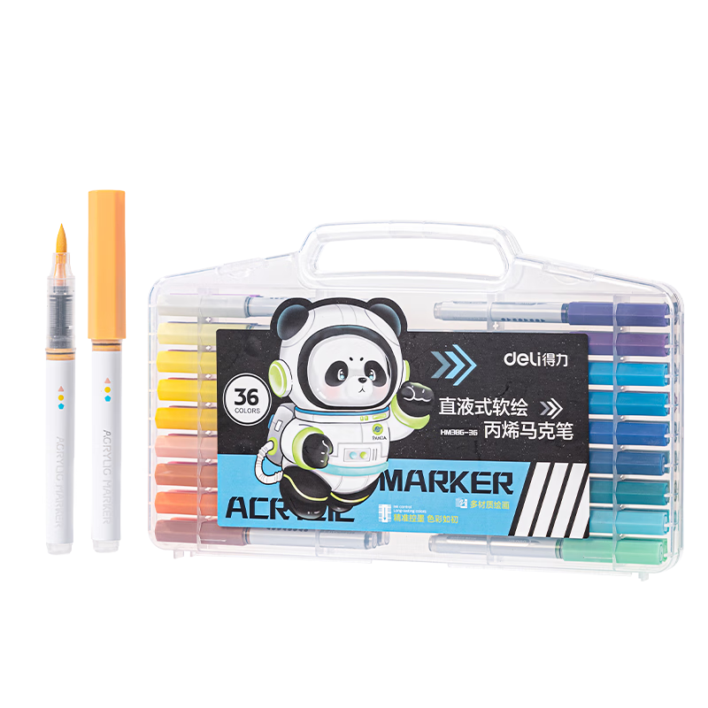 Deli 36-Color Panda Direct Liquid Soft-Tip Acrylic Markers, Round Barrel, Birthday Gift, Waterproof Hand-Drawing Fluorescent Highlighters, Graffiti Graduation Gift for Boys And Girls