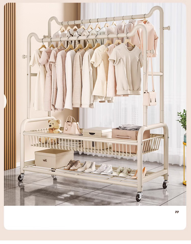 Yupin Floor-Standing Coat Rack, Movable Clothes Hanger Stand YJ138, Double-Layer Milk White, 100cm 14