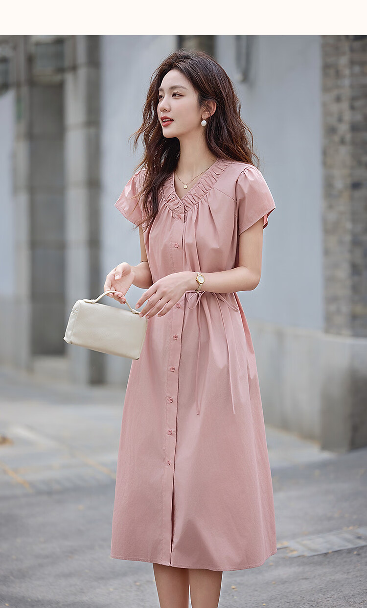 Dme [Shujie Meixue] Summer Lightweight 50-Count High-Density Silk V-Neck Tie-Up Short-Sleeve Loose Women's Dress 6