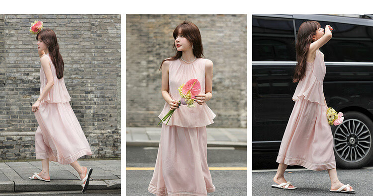 Mt [Shuxiang Laisai] Summer European Style Two-Piece Elegant Sweet Sleeveless Dress for Petite Women, Long Length 5