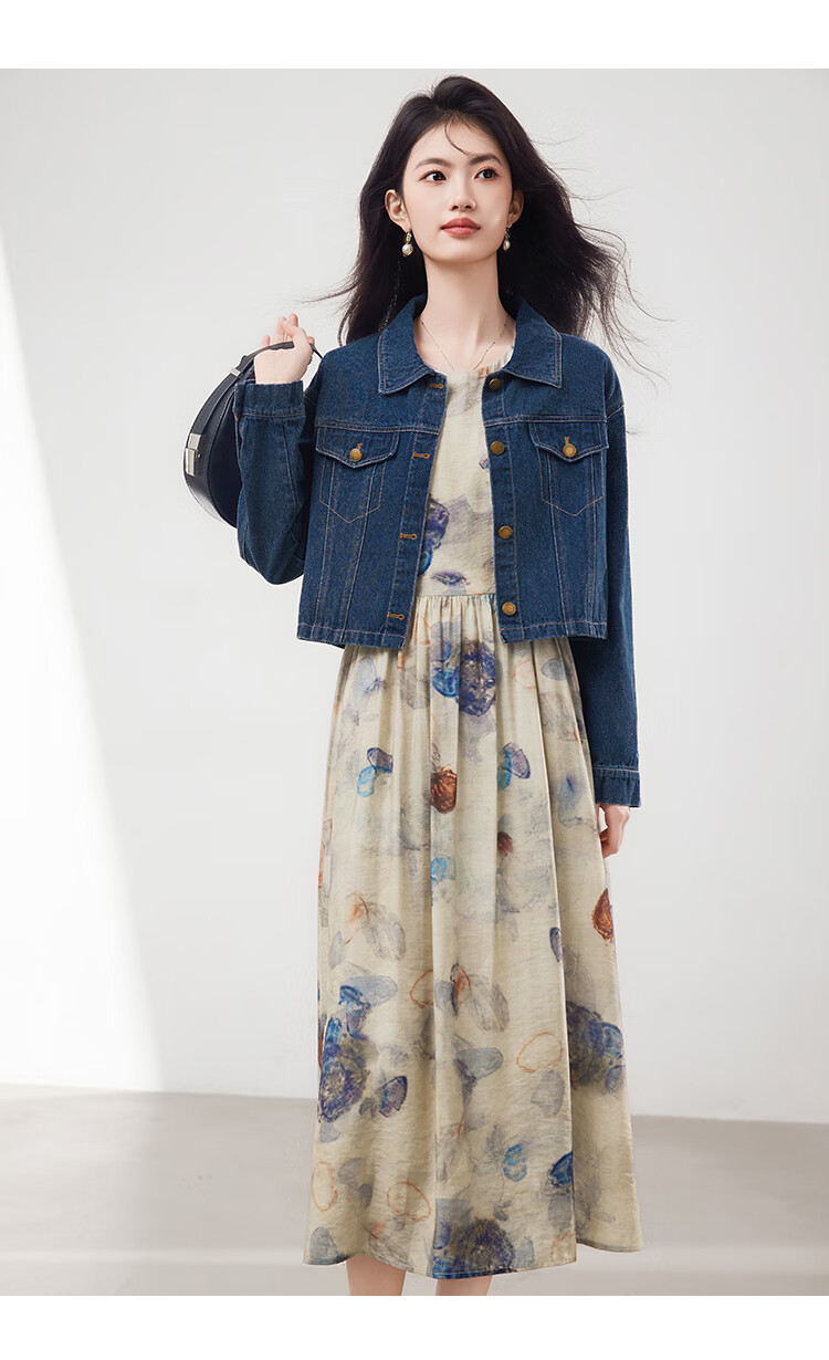 Xinfeiyu Vintage Denim Embroidered Short Jacket for Women, Spring 2026 New Stylish Versatile Printed Dress Two-Piece Set Hong Kong Style Outfit 6