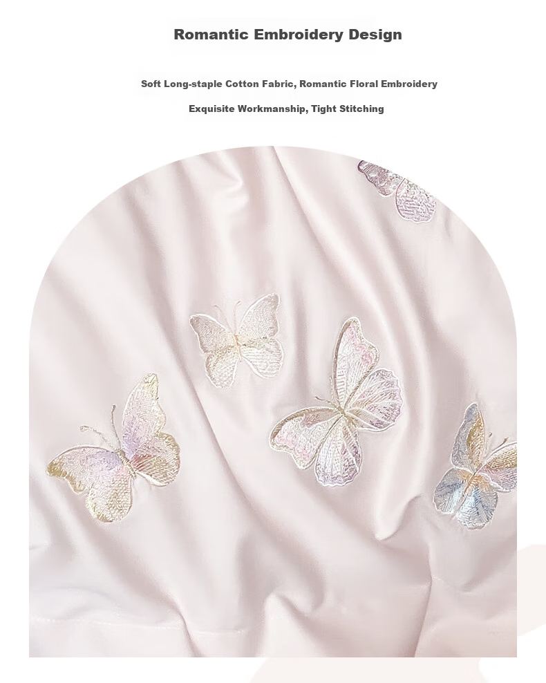 Demichel Class A 120-Count Embroidered Long-Staple Cotton Four-Piece Set, Pure Cotton French High-End Luxury All-Cotton Bedding Set with Duvet Cover And Bed Sheet, for 1.8/2 Meter Bed, Butterfly Pink 7