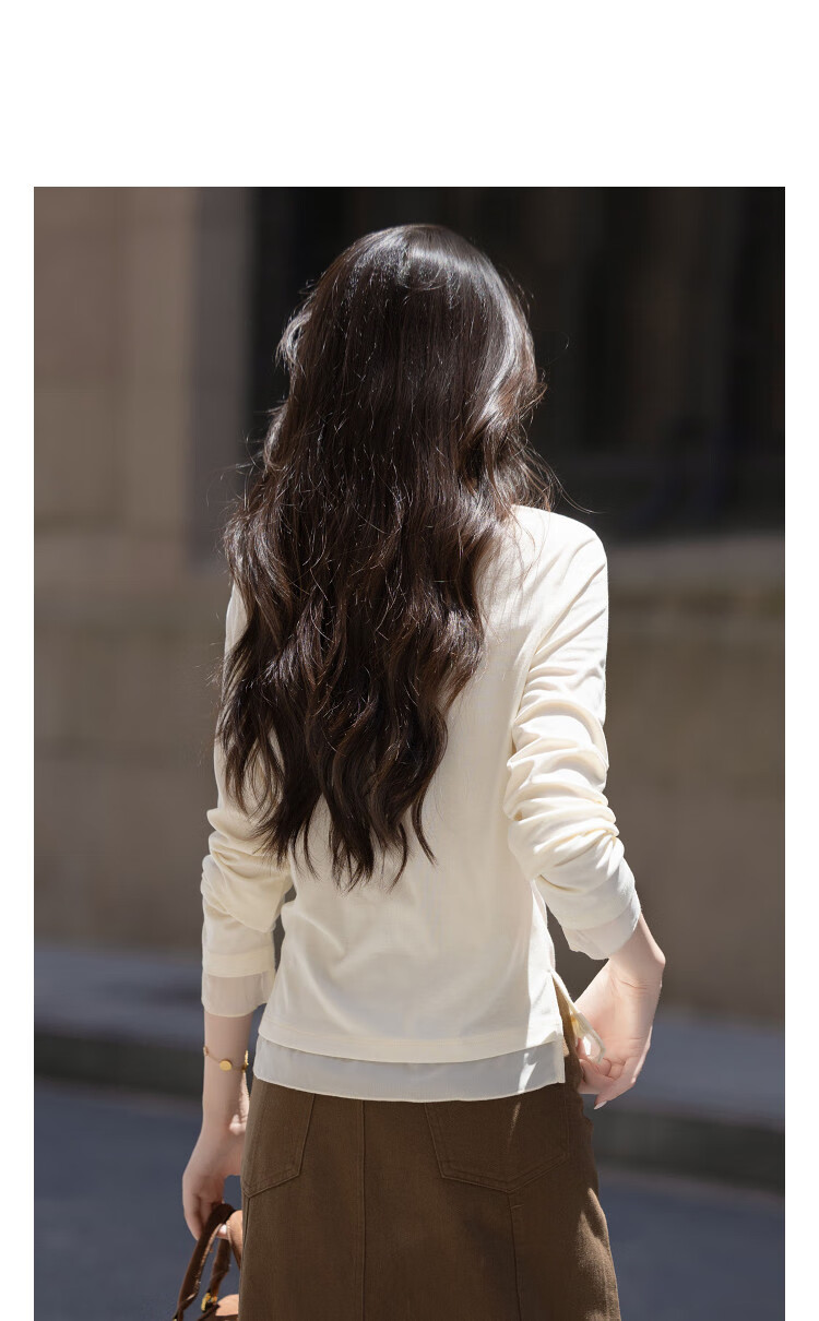 Dme Autumn Natural Elegant Style Round Neck Patchwork Long Sleeve Slightly Stretchy Comfortable Women's T-Shirt with Refreshing Lyocell 2
