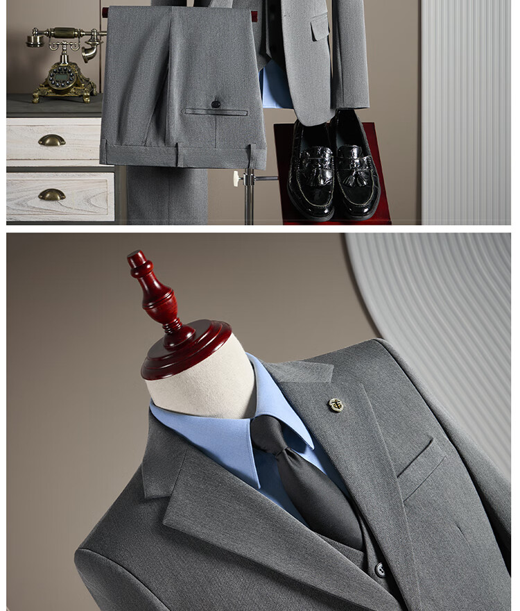 ROMON Men's Business Suit Set [Blazer + Vest + Trousers] Dark Gray 2XL 23