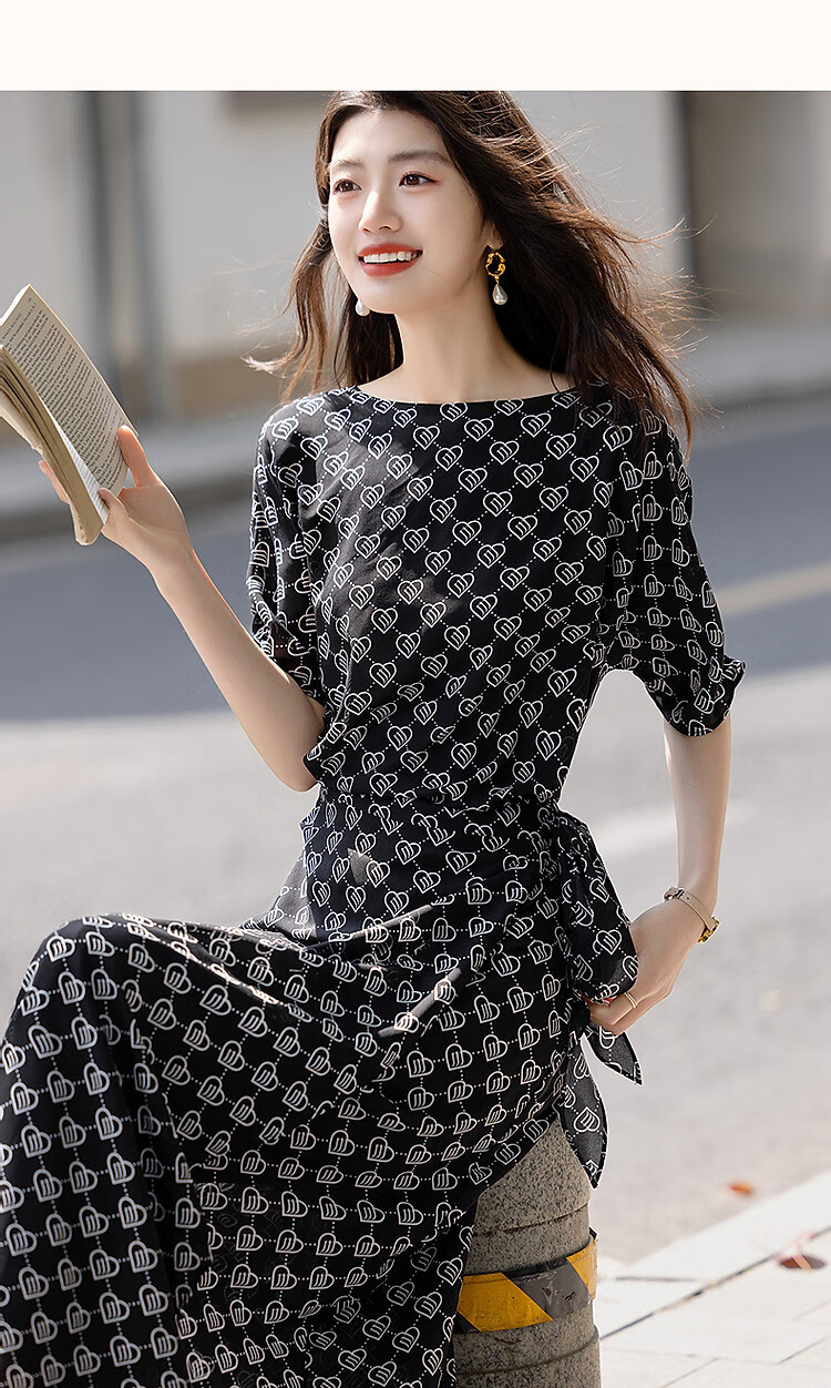 Dme [Romantic Style] Summer Elegant Boat Collar, Raglan Sleeve, Waist-Cinching, Pleated Wrap Dress with Water Print Floral Pattern for Wome 11
