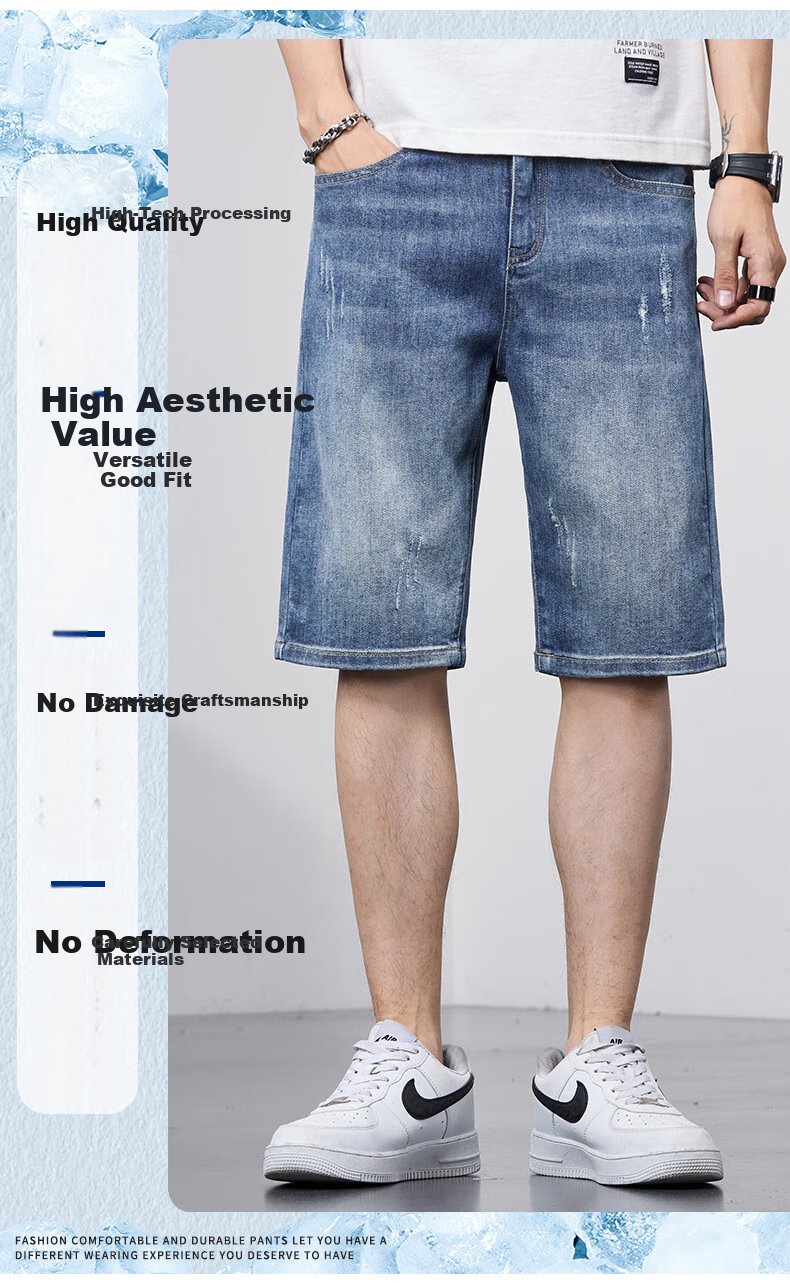 JEANSWEST OUTDOOR Men's Denim Shorts, Casual Mid-Length Pants, Knee-Length Shorts, Men's Summer Wear, Loose-Fitting Outdoor Sports Breathable, Faded Blue, Size 32 2