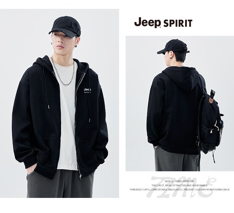 JEEP SPIRIT Hoodie for Men, Autumn Zip-Up Jacket, Men's Hooded Long-Sleeve Sweatshirt, Black, Size M 2