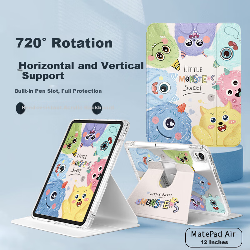 Asiwa Protective Case for Huawei MatePad Air 12 (2024 Model), 12-Inch Tablet with Pencil Holder, 360-Degree Rotating, Horizontal And Vertical Support, Shockproof, Anti-Bend, High Transparency, Tri-Fold Desig