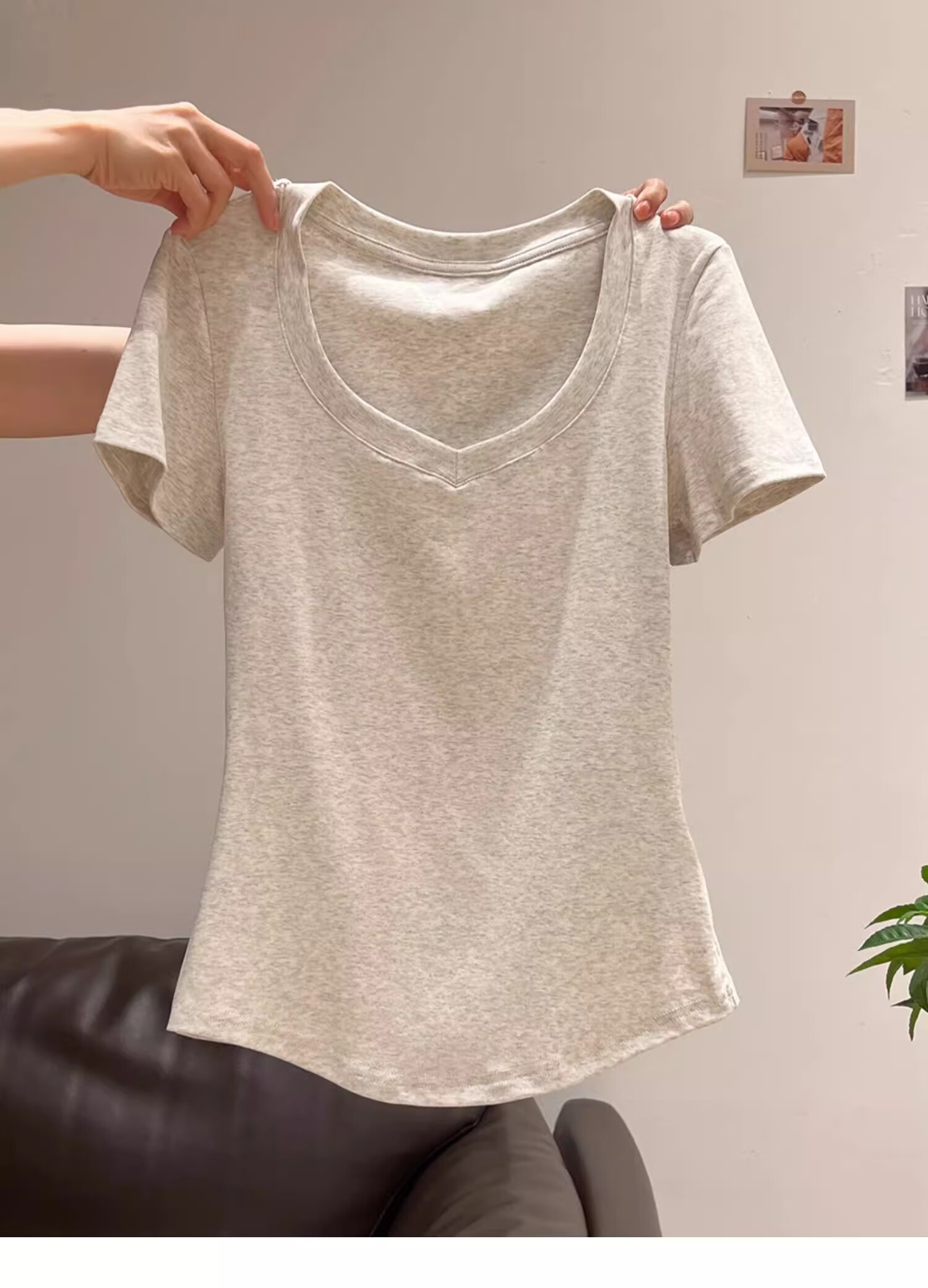 Woodpecker Solid Color V-Neck Slim Fit Short Sleeve T-Shirt Women Summer Simple Versatile Korean Style Slimming Top Heather Gray S 8
