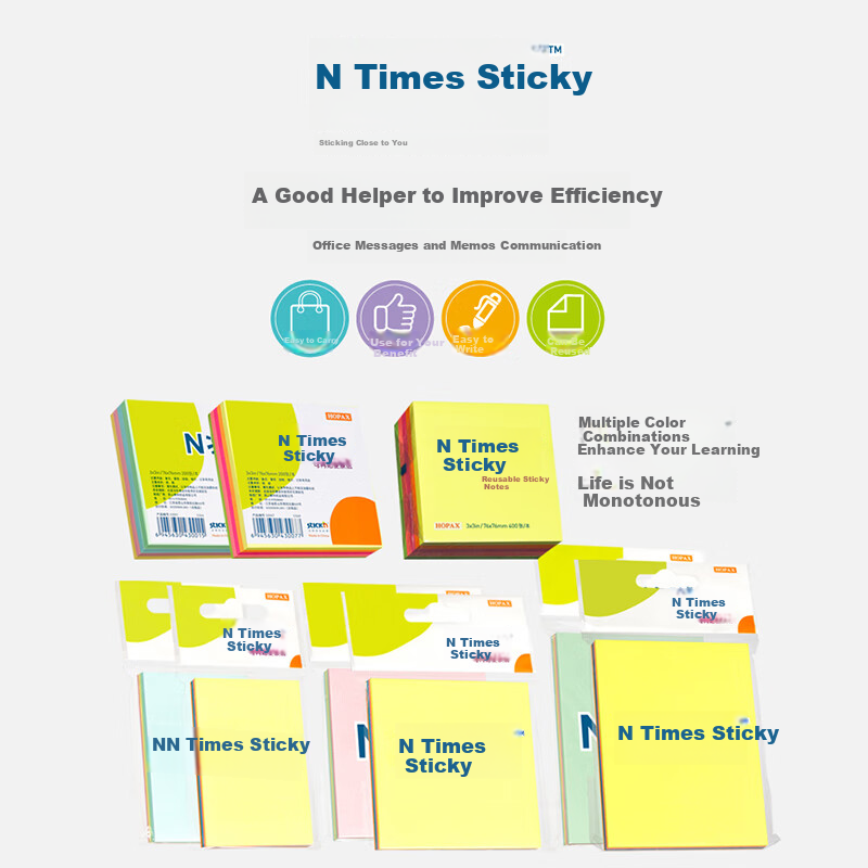 STICKN , 480 Sheets, 4 Colors, Soft Sticky Notes, 76*76mm Memo Pad, Self-Adhesive Message Book, 6-Pack Set, 33018