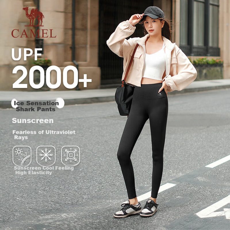 CAMEL Sun Protection Shark Leggings for Women, Elastic Yoga Fitness Running Sports Pants Y25CY1L7005 Phantom Black M