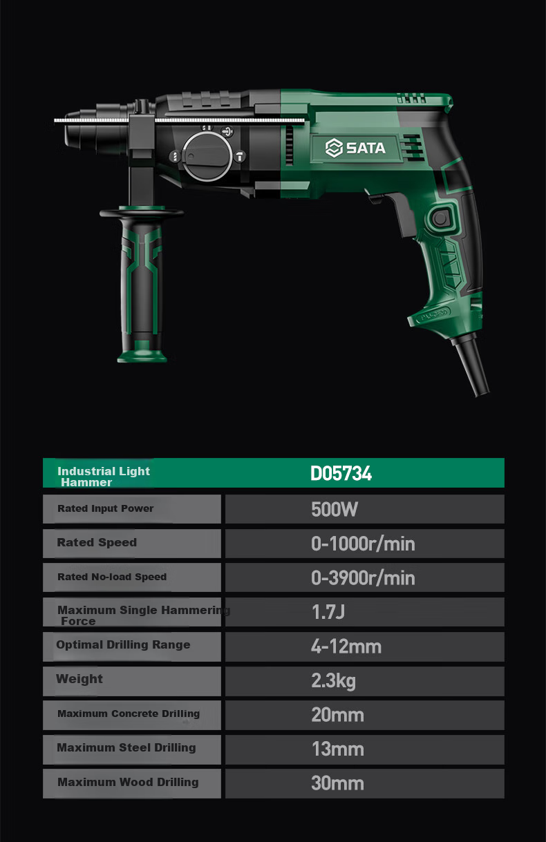 Shida (SATA) Lightweight Electric Hammer, Pickaxe, And Drill Three-In Multi-Function High-Power Impact Drill for Drilling Walls D05734 Upgraded Versio 30