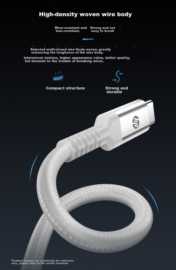 HP Dual-Head Type-C Data Cable, PD100W Fast Charging, Car CarPlay Charging Cable, E-Marker Chip Braided Wire, Suitable for Tablets And Smartphones, 2 Meters 3