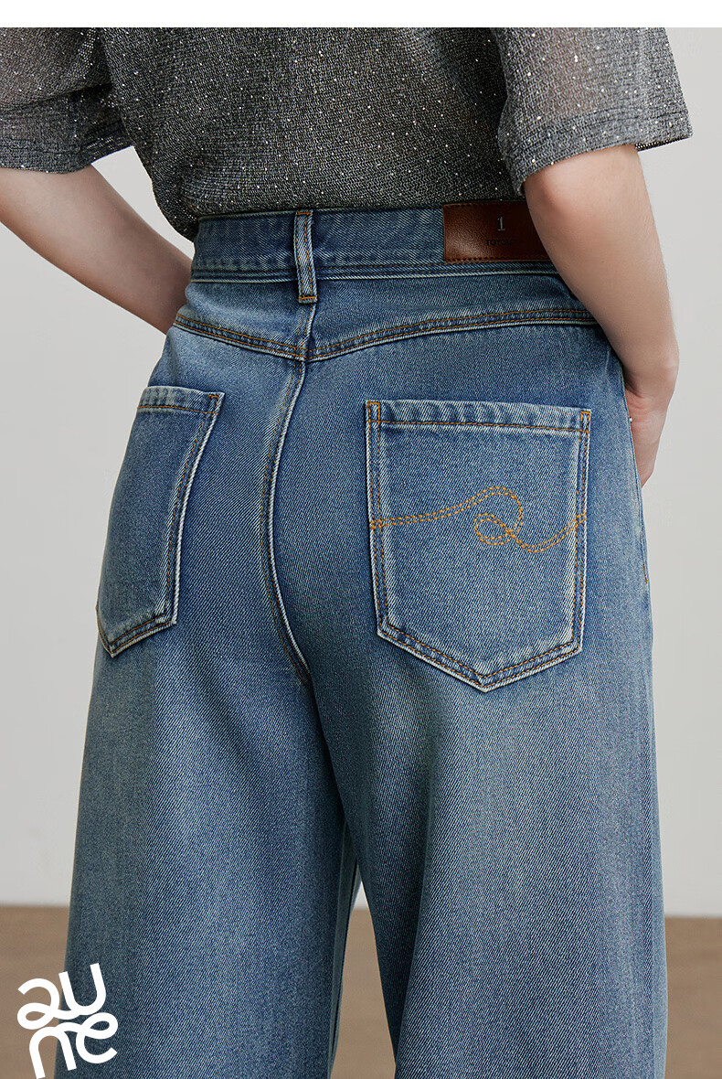 Chuyu Focus Acetate Puff Soft Denim Women's 2025 New Mid-Waist High Street Embroidered Wide-Leg Pants Sky Blue 28 29