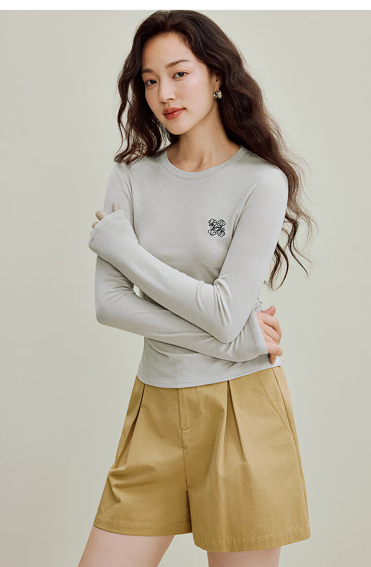 INMAN Wool Stand Collar T-Shirt 2025 Autumn Women's New Layered Slim Fit Long Sleeve Base Shirt Light Gray S 32