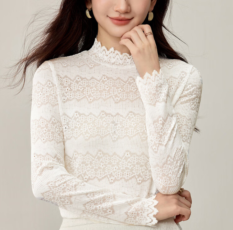Sentubila Semi-Turtleneck Floral Textured Lace Slim Fit Long Sleeve Top for Women Autumn Hollow Out Inner Layer Shirt 9