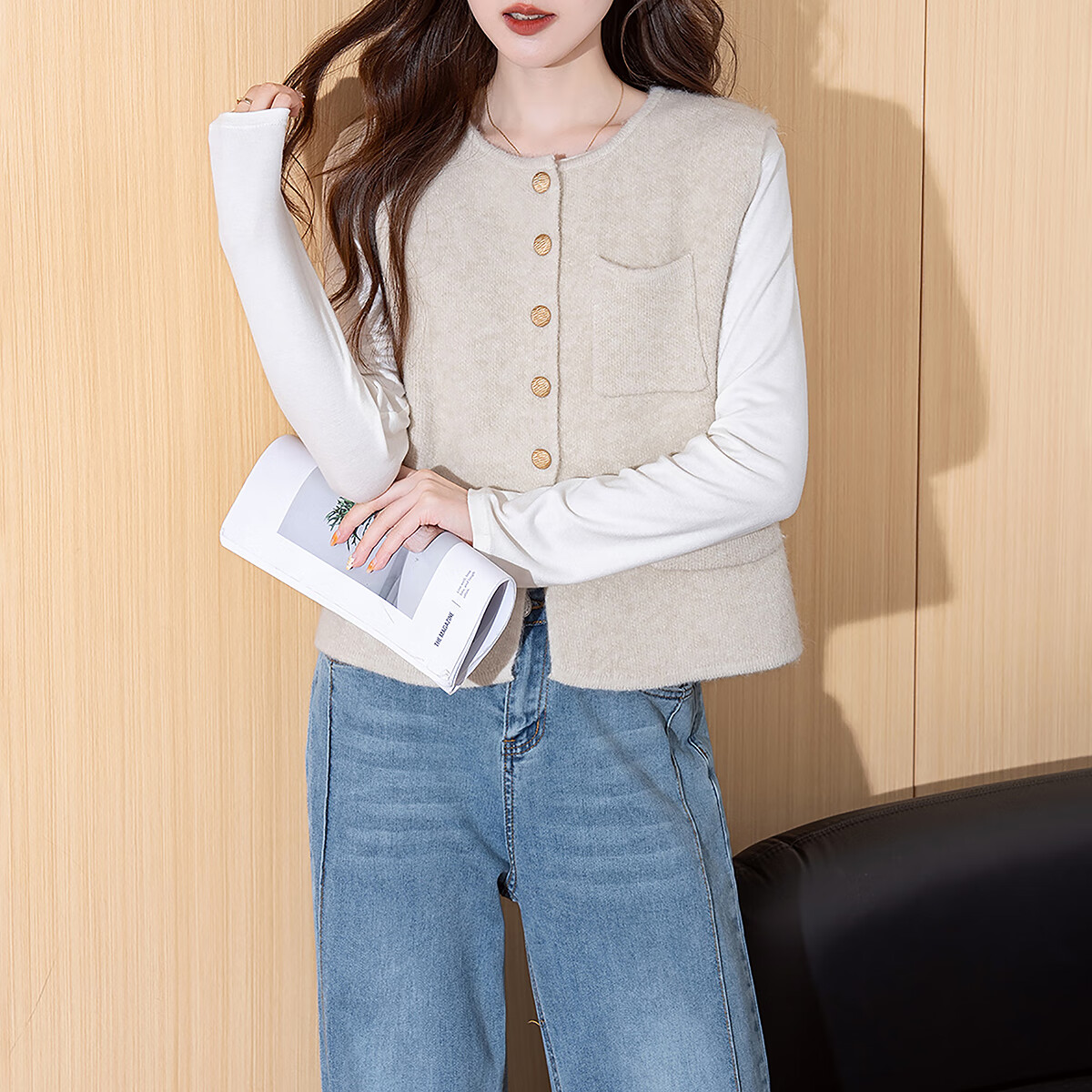 TonLion 2025 Autumn Winter Simple Round Neck Cardigan Vest for Women