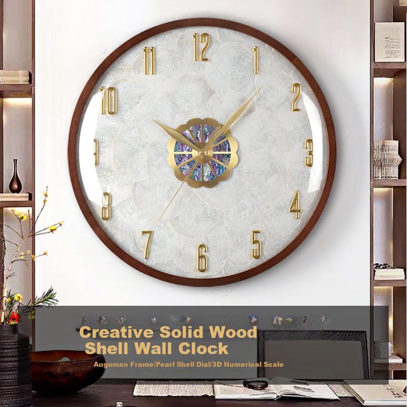 Hense Solid Wood Wall Clock, Living Room Wall-Mounted Timepiece, Luxury Wall Clock for Dining Room, Home Quartz Clock HW7012 Large Size 40cm