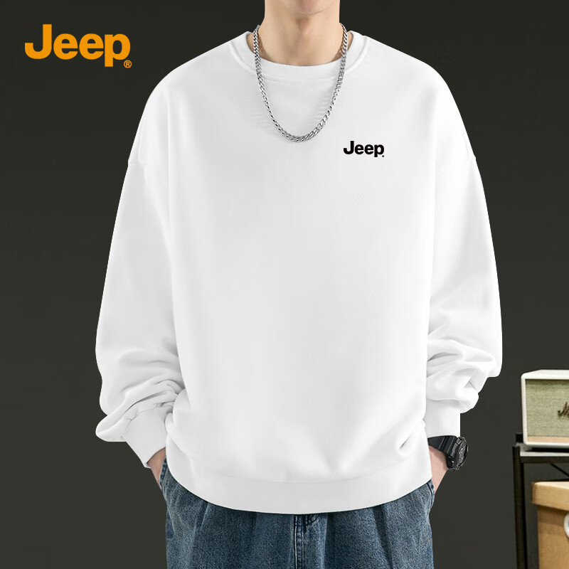 JEEP Sweatshirt for Men, Autumn Casual Comfortable Round Neck Top, Soft Skin-Friendly Breathable Versatile Menswear, White, M