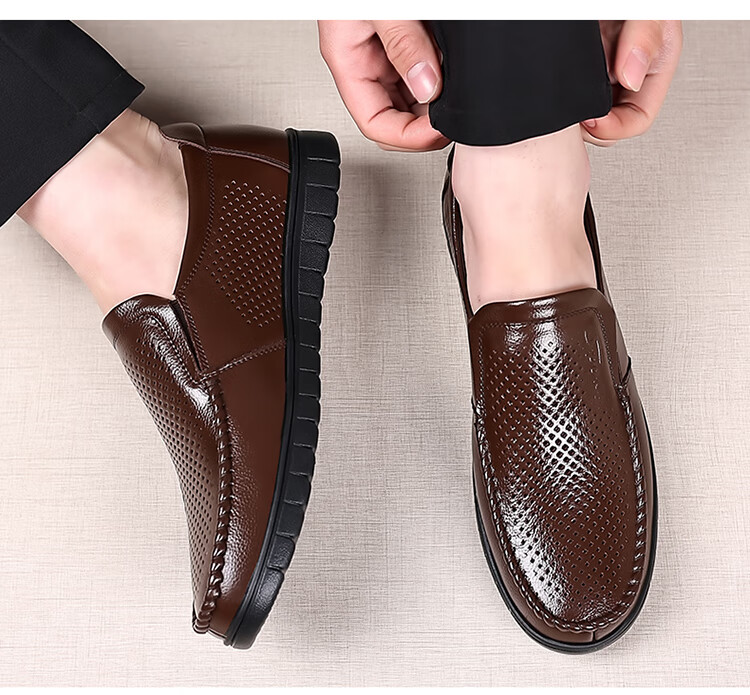 MEXICAN Business Casual First Layer Cowhide Men's Dress Shoes Hollow Breathable Slip-On Large Size Brown 39 19