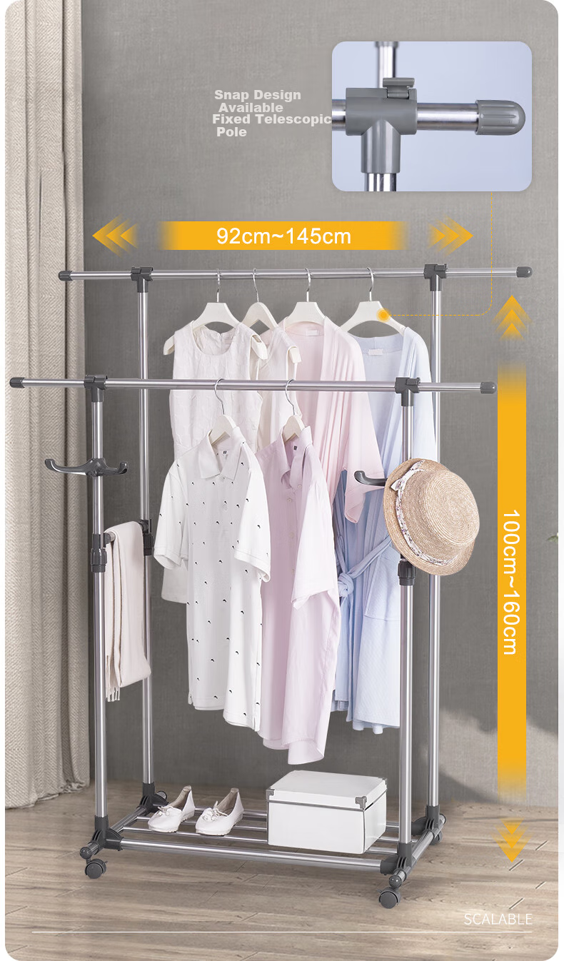 Baoyouni Clothes Drying Rack, Floor-Standing Indoor Roller Movable Hanger, Double-Pole Extendable Clothes Drying Rack, Balcony Drying Rack 4