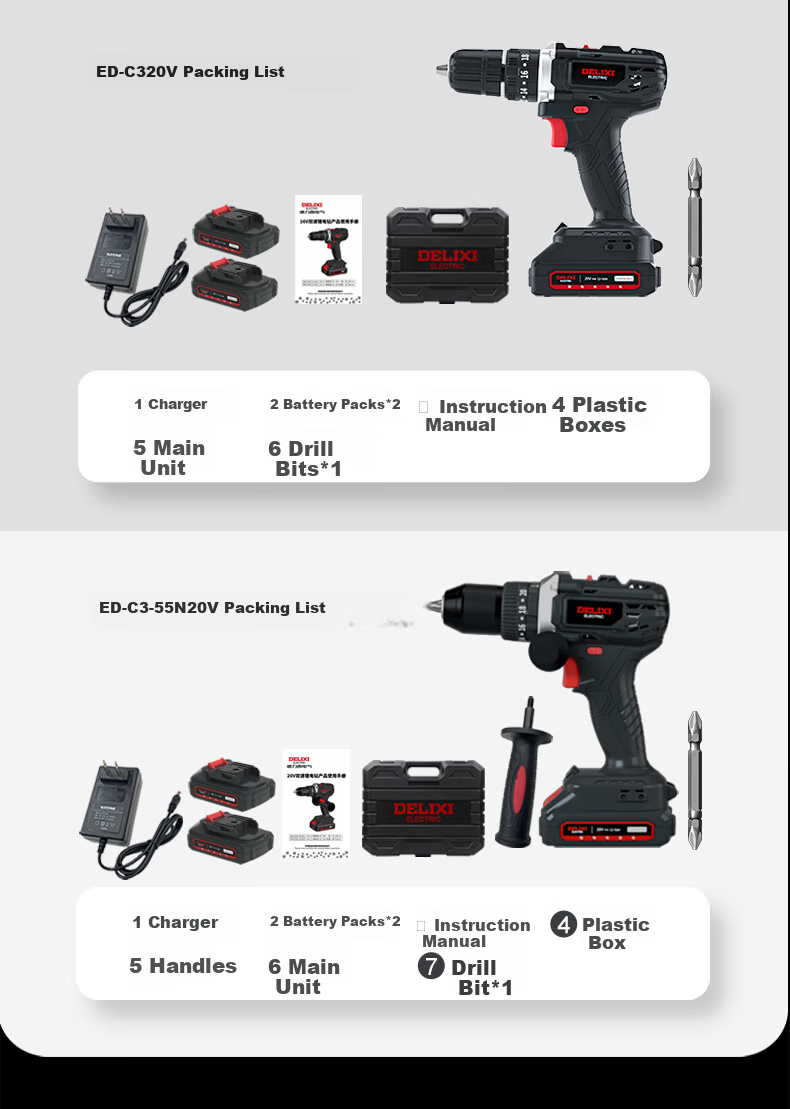 DELIXI ELECTRIC Lithium Battery Drill, Multi-Functional Household Rechargeable Electric Drill ED-C1, Two Batteries One Charger, 12V 17