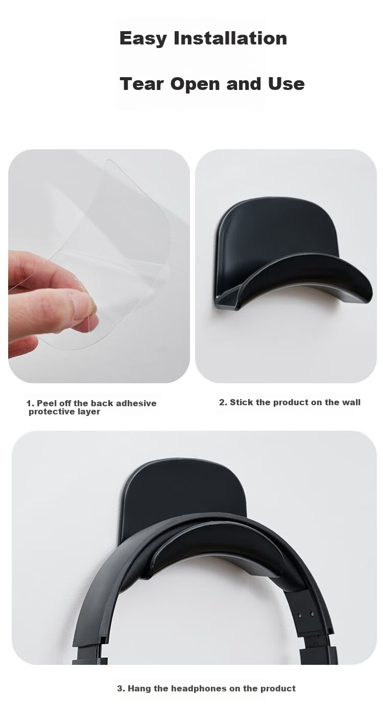 Dipuer No-Drill Headphone Stand, Over-Ear Headphone Storage Hook, New ABS Material Fixed Seamless Adhesive Dormitory Hook, Black, 2-Pack 7