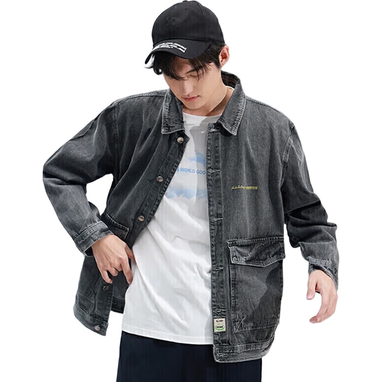 Мужская джинсовая куртка Jeanswest, весна 2026, модная, с принтом, отложным воротником, трендовая, универсальная, черная и серая, 2XL