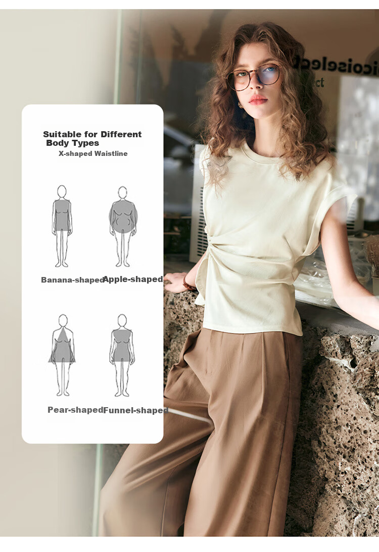 Olrain Irregular Pleated Waist-Tied T-Shirt Women's Summer Stylish Short Sleeve Top Milk Tea Color M 5