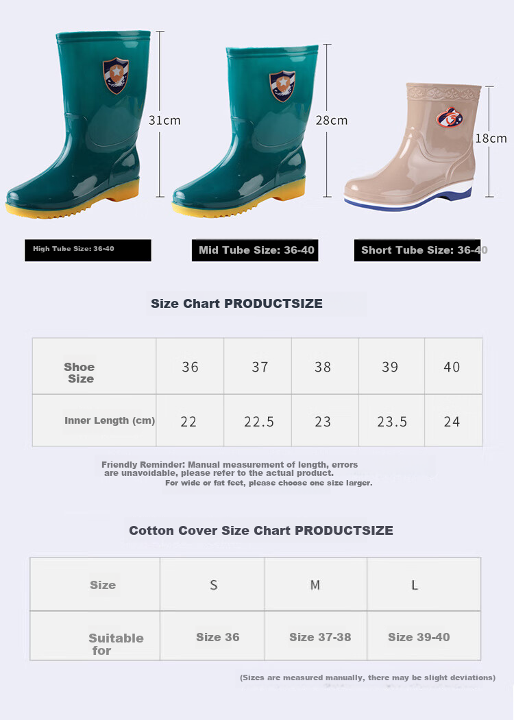 FOOTOPPO Women's Rain Boots, Water Shoes, Rubber Boots, Mid-Calf Adult Rain Boots, High-Top Overshoes, Waterproof Tall Rain Boots for Wome 13